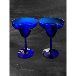 Set of 2 Vintage Cobalt‎ Blue Glass 6" Tall Margarita Glasses